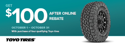 Toyo 4 Tire $100 Mastercard Mail in Rebate 10/1/2024 through 10/30/2024